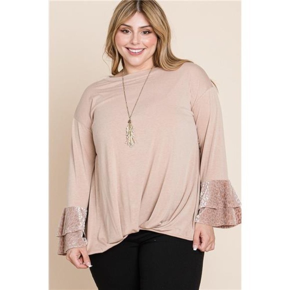 Taupe Two Tier Velvet Animal Mesh Sleeves Solid Knit Top